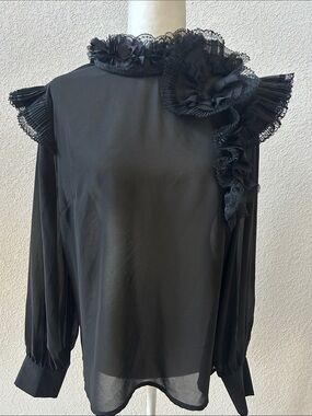 For Her NYC top M Glam chic Wow factor blouse Black semi sheer EUC